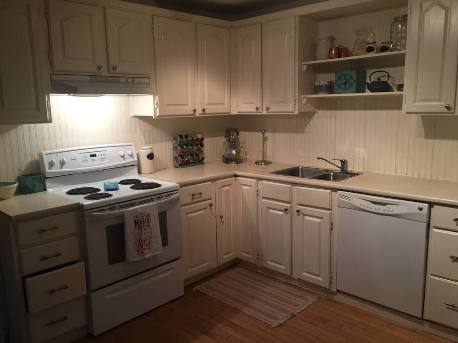 Kitchen with dishwasher and stove (and full refrigerator not pictured)