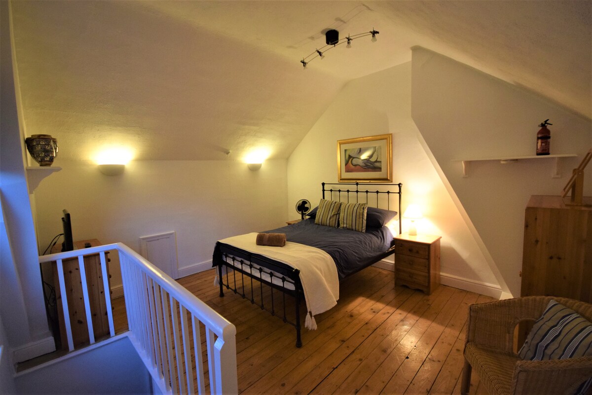 宽敞的阁楼房间，配有双人床和电视