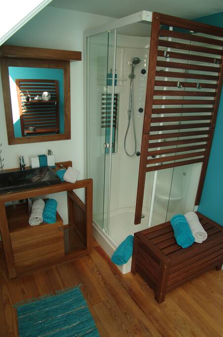 La salle de douche « ambiance orientale » comprend un évier, une douche, un WC , un sèche cheveux, shampoing et savon.