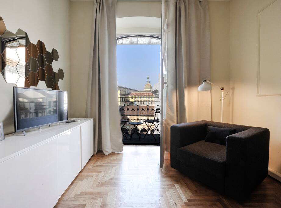 living room with a balcony