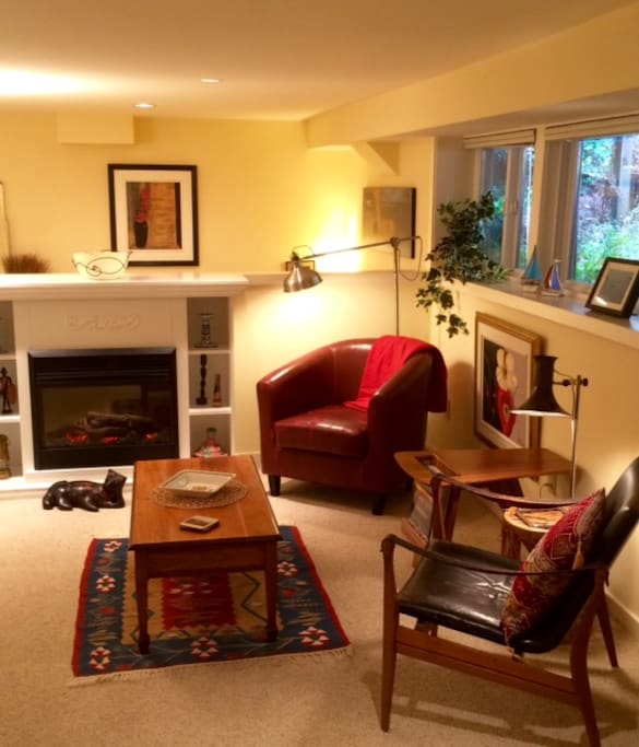 The living area and fireplace