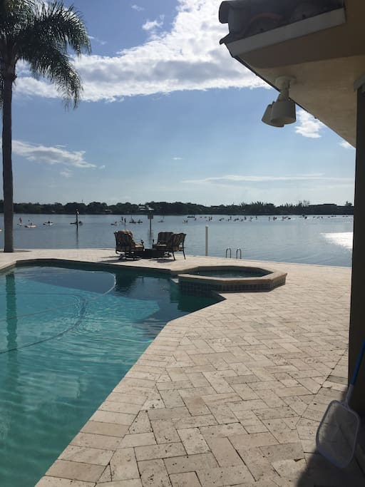 Pool, hot tub. View to the east.