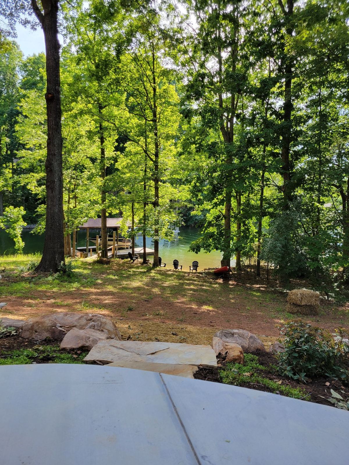 A serene waterfront view is framed by tall, green trees, highlighting a secluded dock area beside a calm lake. The natural landscape includes a grassy shoreline and stepping stones leading to the water's edge, creating a tranquil setting for relaxation.