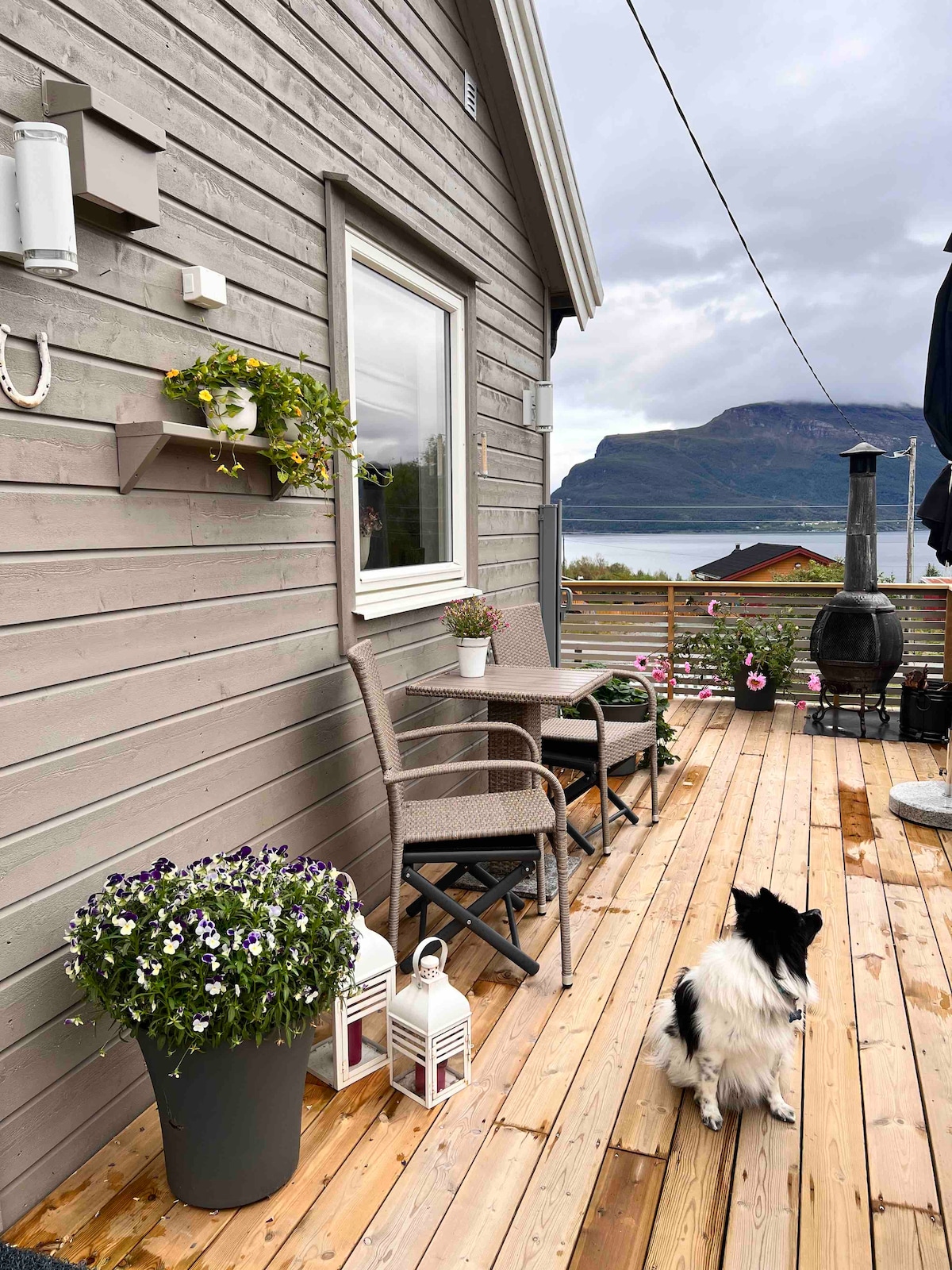 A wooden deck is shown with two chairs positioned beside a small table. Potted plants and lanterns are arranged on the deck, enhancing the outdoor space. In the background, a scenic view of the water and mountains is visible, with a dog seated nearby.
