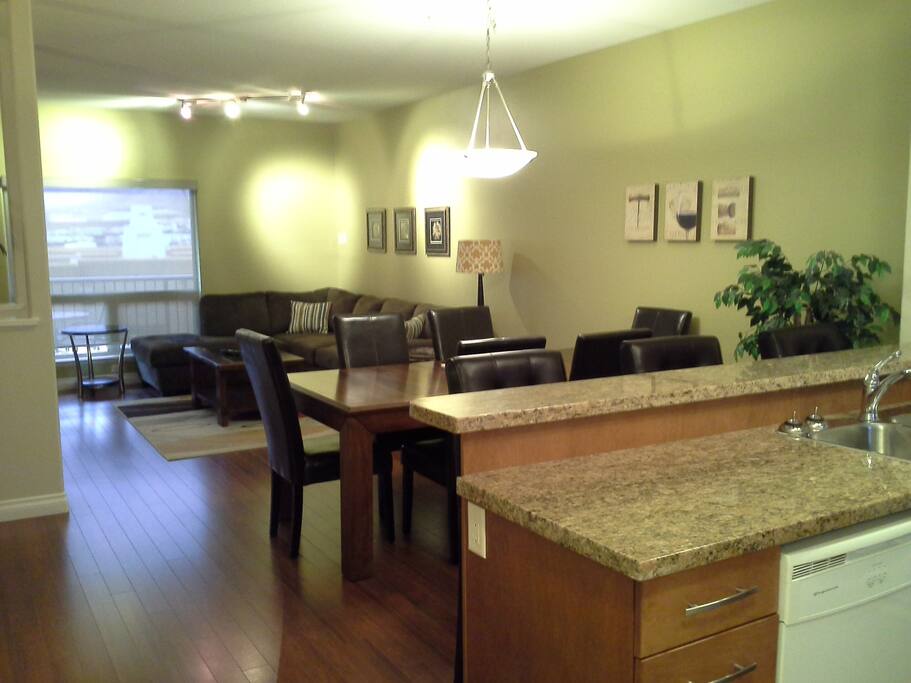 Kitchen, dining room, living room on the upper level, bedrooms on the ground level.