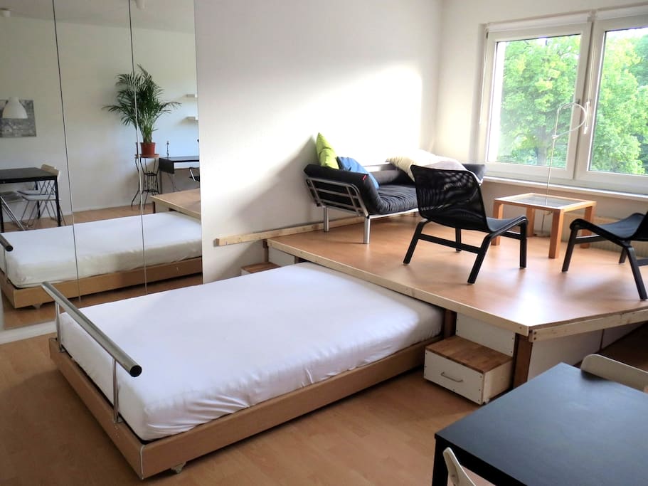 Large pull-out bed for sleeping comfort at night. The sofa above can also be converted into a small bed