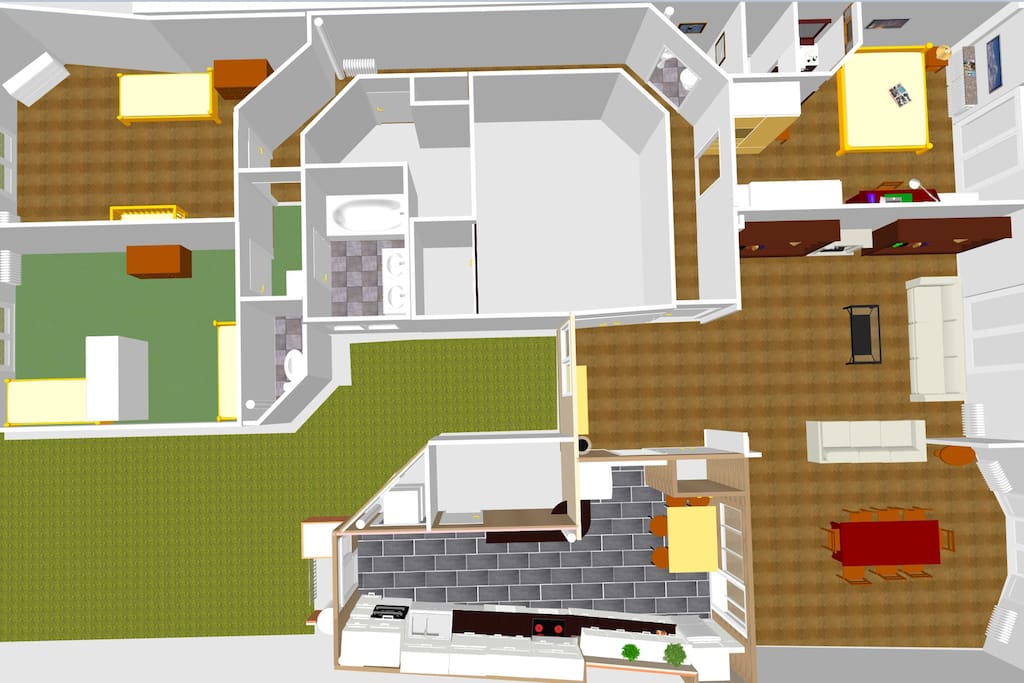3 rooms + bouble living room and kitchen
