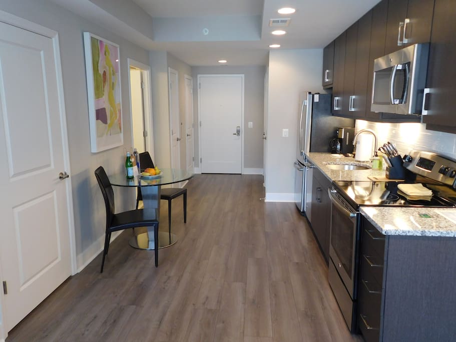 This wide galley-style kitchen is stylish and functional