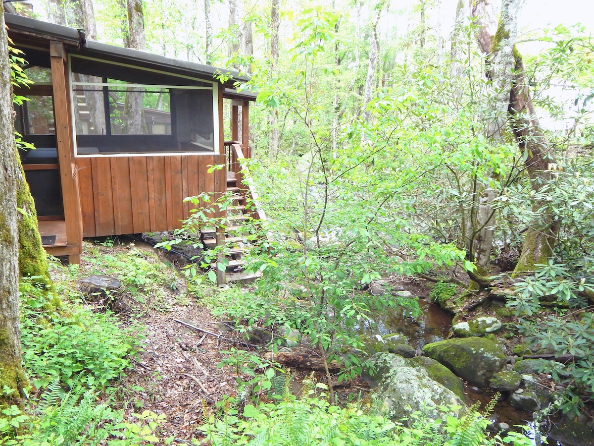 The cabin features a warm wooden exterior, nestled amongst lush greenery and trees. A small set of stairs leads up to the entrance, while a serene creek flows nearby, surrounded by rocks and vibrant foliage. Natural light filters through the screened-in porch.
