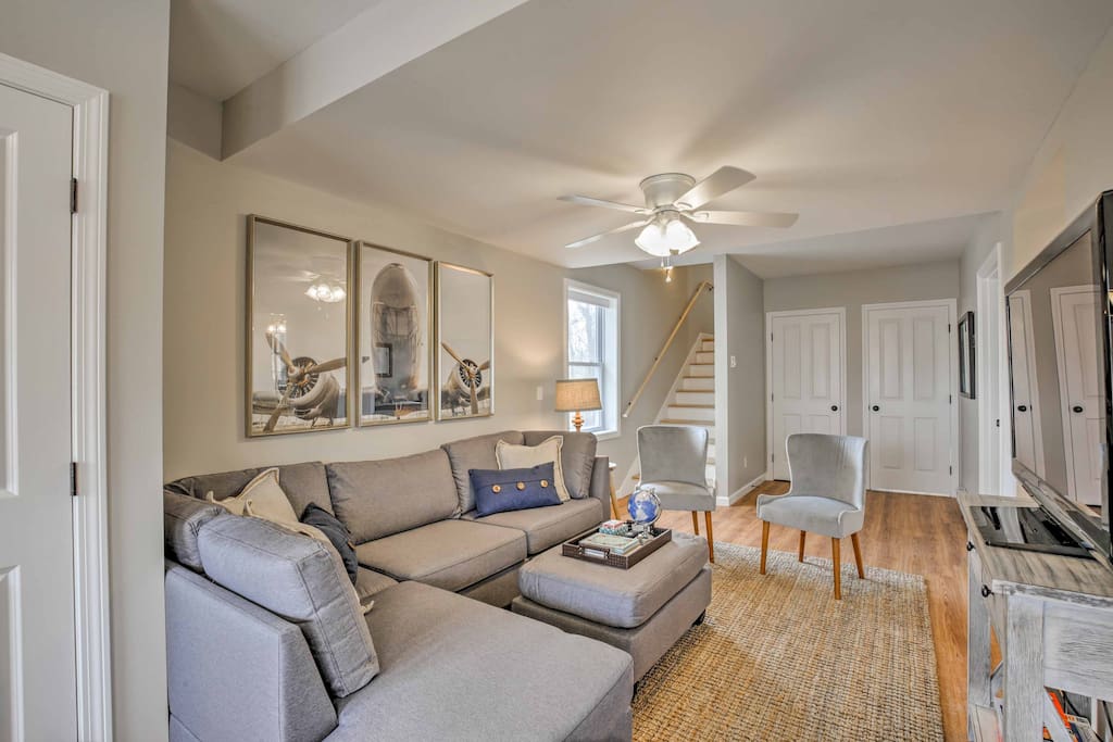 Lounge around on the couch in the living room.