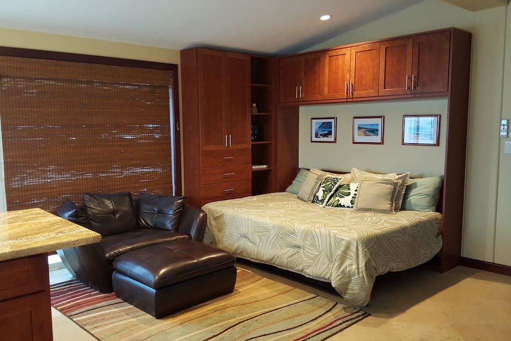 Queen size Murphy bed that sleeps two comfortably.