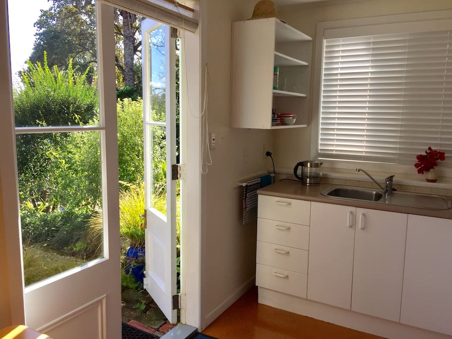 French doors entry to the kitchen area.