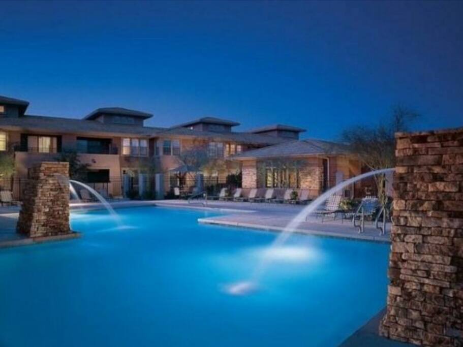 Second pool 5 minute walk, pool is heated with hot tub.