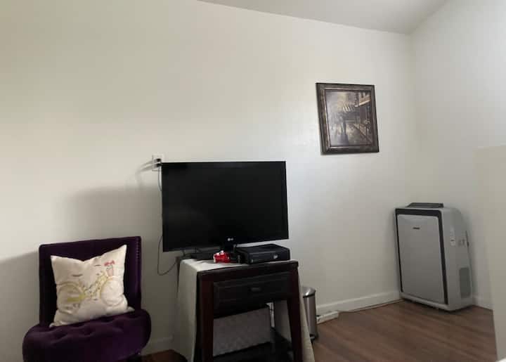 Ლოფტის ზემოთ მდებარე სივრცე ტელევიზორით. Ამ ტერიტორიაზე მდებარეობს პორტატული კონდიციონერი მთლიანად ზემოთ მდებარე ტერიტორიაზე. 