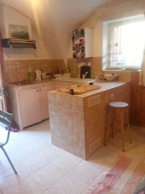 cuisine equipée d'un frigo,deux feux électriques,four micro-ondes grill.