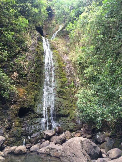 Lulumahu Falls located on the east side and there are 3other falls within the area too. While you there visit all 3 falls they're all very easy for beginners and short distances(less than 3miles round trip) one of the fall you can also see the ruined summer place of the king Kamehameha.