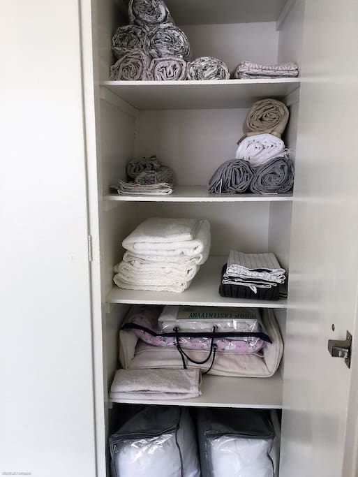 Master bedroom has 2 closets, one is filled with bed linens and towels for four and the other one is reserved for your belongnings.