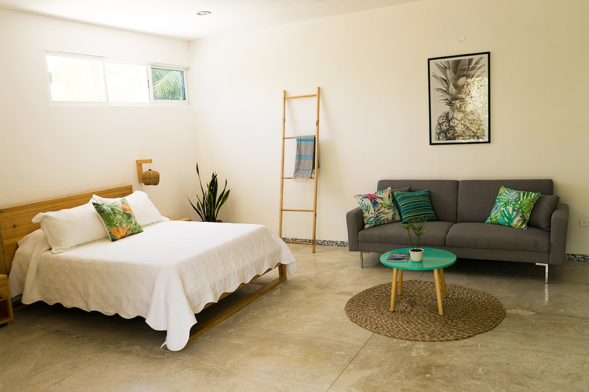 A spacious studio features a bright sleeping area with a large bed dressed in white linens. A gray sofa sits opposite a small round coffee table, surrounded by plants. Natural light floods in through large windows, illuminating the minimalist decor.