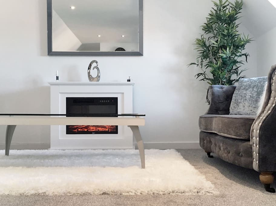 Contemporary living area with a cosy fireplace and freeview TV