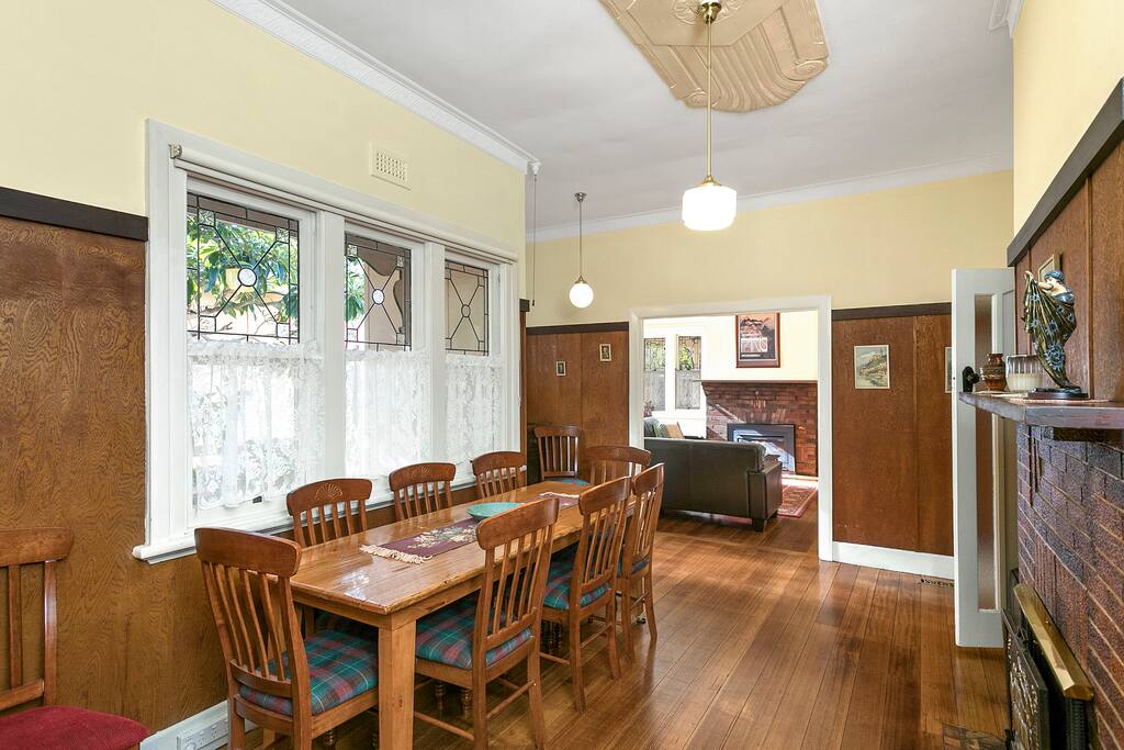 The dining room is elegant and full of art deco character.