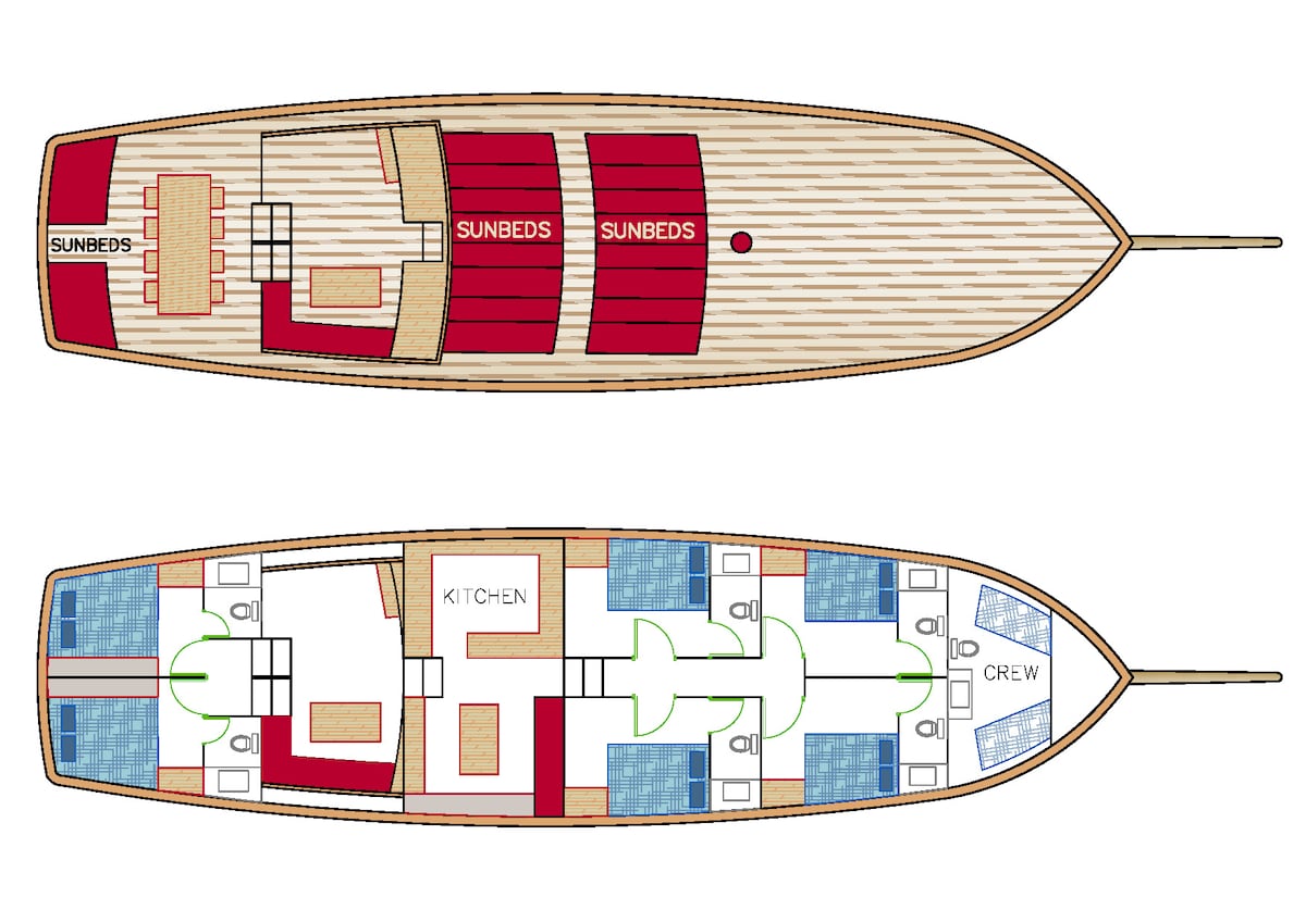 The layout of the yacht is displayed, featuring two levels. The upper deck includes sunbeds arranged for relaxation, while the lower deck features a kitchen and crew area. Spacious seating areas are outlined, providing a clear view of the yacht's organization.