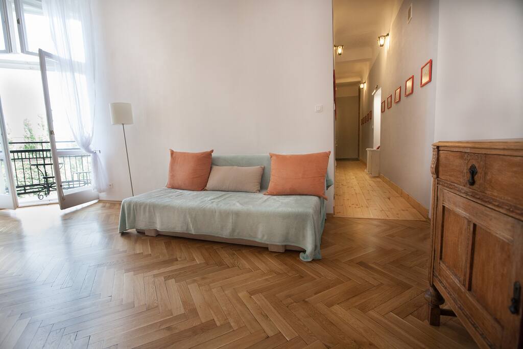 Living room with view on Warsaw gallery hall