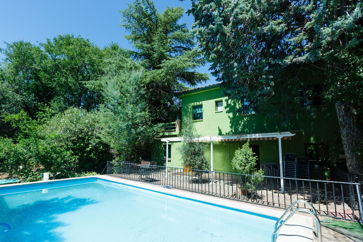 A refreshing outdoor pool is surrounded by a black railing, with lush greenery in the background. The green building features multiple windows and a shaded terrace area, visible behind the pool, under a clear blue sky.