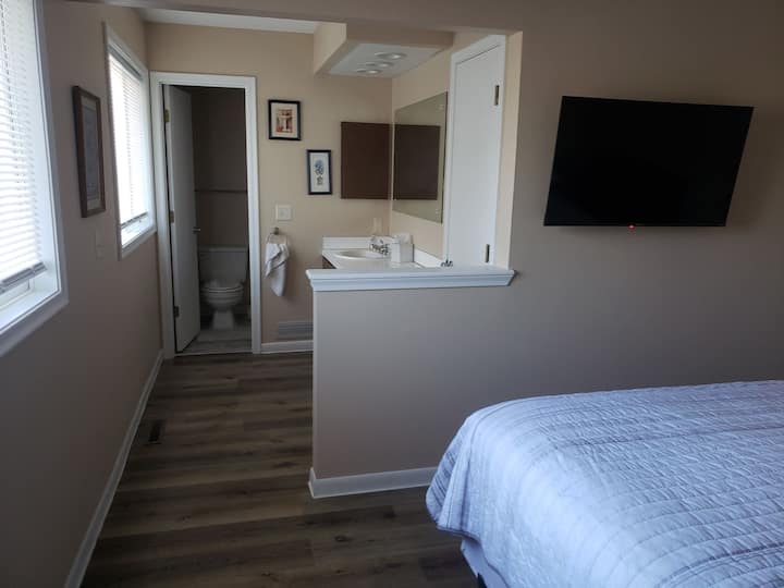 تحتوي غرفة النوم الرئيسية أيضًا على حمام