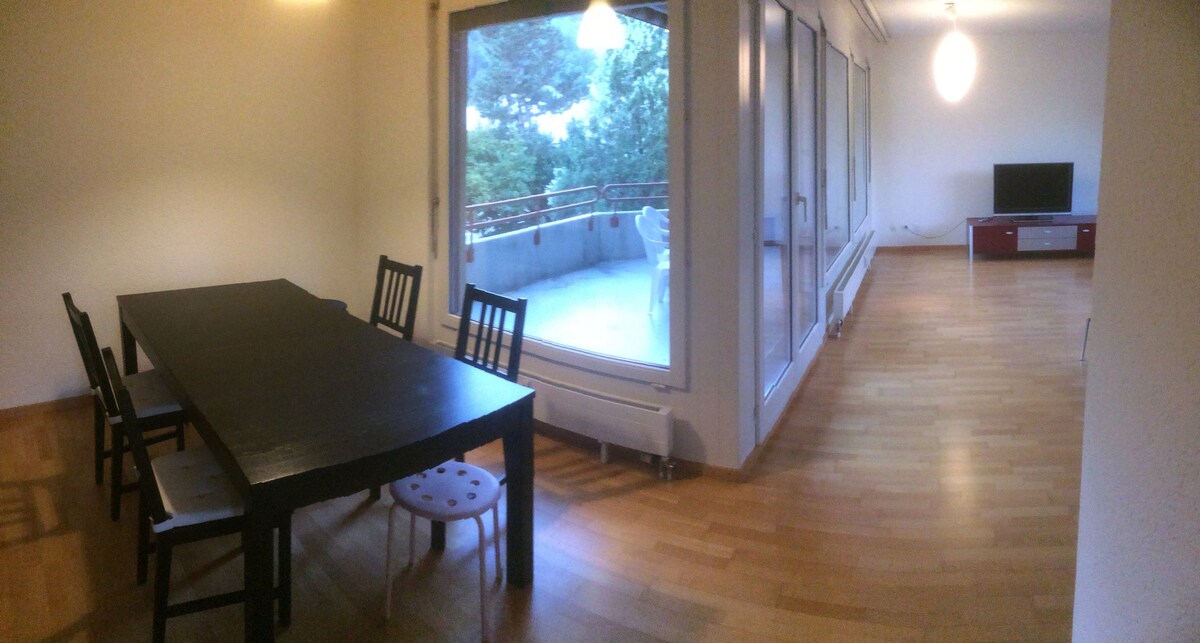An open living space features a large dining table with six chairs, adjacent to floor-to-ceiling windows that provide natural light and views of greenery. A flat-screen TV is noticeable in the corner, contributing to a comfortable ambiance.