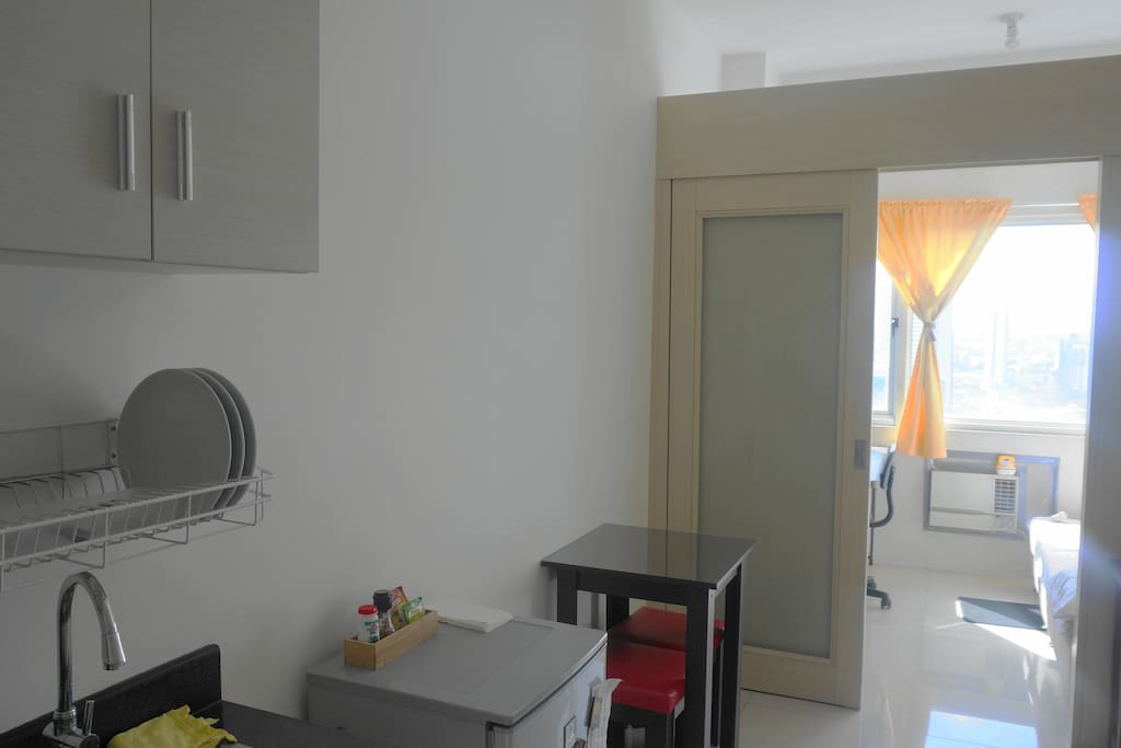The left side of the unit is the kitchen area.