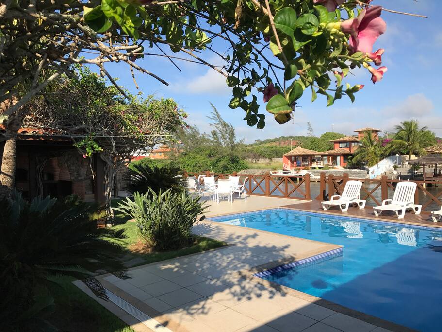 Jardim, piscina e flores
