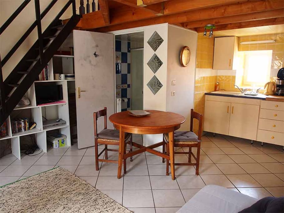Salon, coin cuisine et salle de bain
