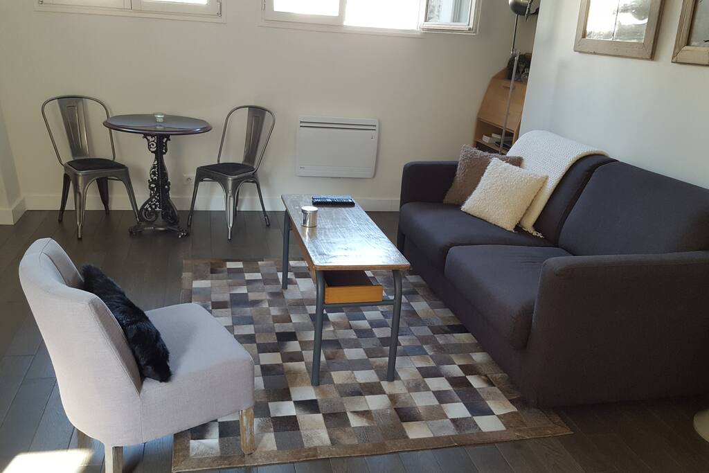 Pull-out sofa bed (full-sized), desk, bistro table and two windows with open views