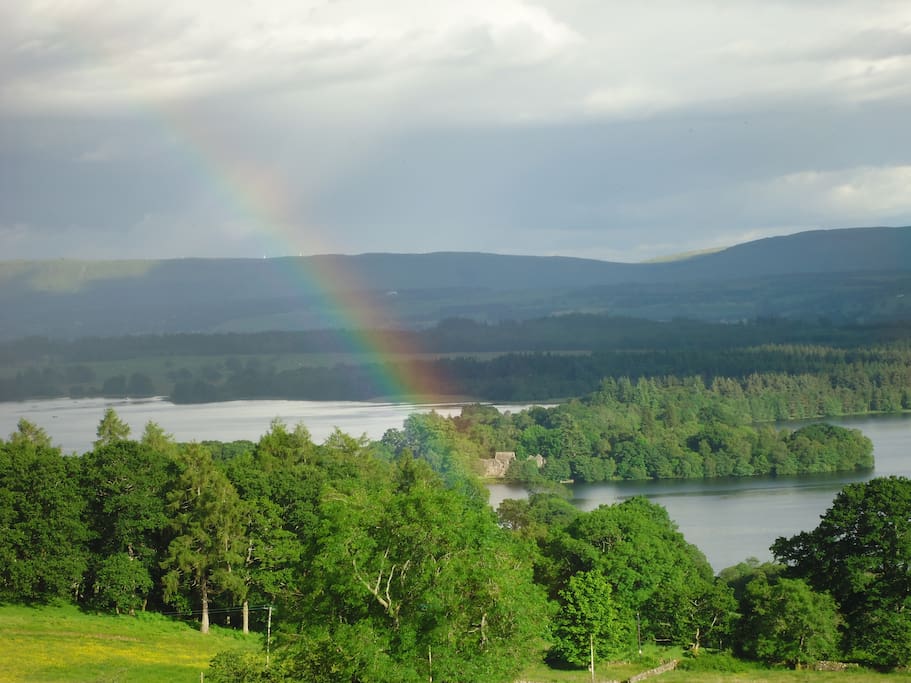 The lake from the cottage with rainbow