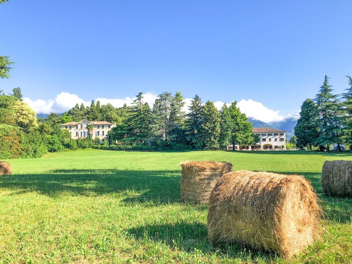 A serene landscape is depicted, featuring rolling green fields dotted with hay bales. In the background, a large villa is partially obscured by trees, complemented by a clear blue sky and distant mountains. The area conveys a sense of tranquility and natural beauty.