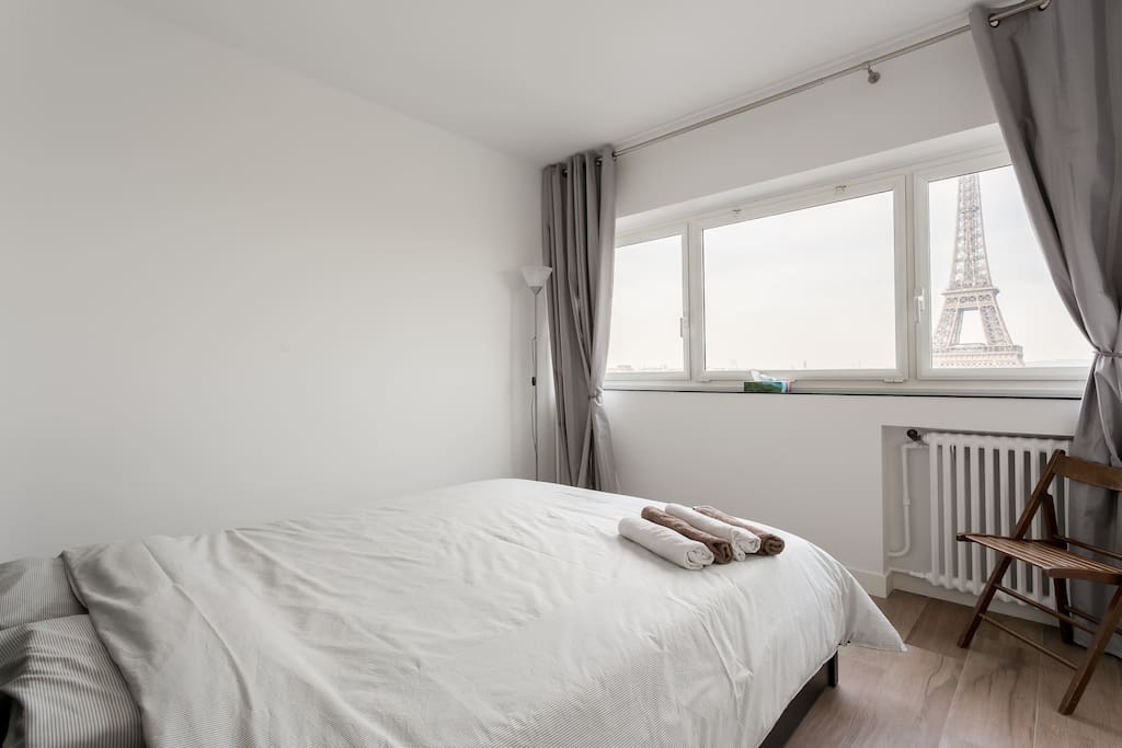 The main bedroom has an amazing view, facing directly the Eiffel Tower