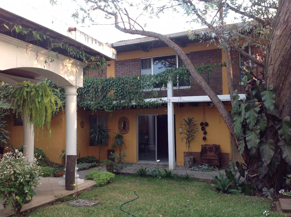 The exterior of a two-story apartment is showcased, surrounded by a lush garden. Green vines climb the walls, and large windows provide glimpses of the interior. A welcoming porch with columns leads to the entrance, complemented by various plants and greenery.