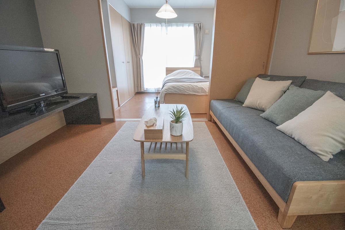 A living space features a gray sofa adorned with light-colored cushions, positioned next to a minimalist coffee table with a small plant. A spacious bed is in the background behind light curtains, and a television is mounted on the wall opposite the seating area.
