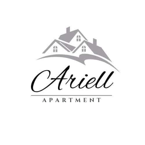 The image depicts a logo featuring the name 'Ariell Apartment' in elegant typography. Above the text, a graphic of two houses with rooftops and windows is presented, suggesting the warm and inviting nature of the apartment experience.