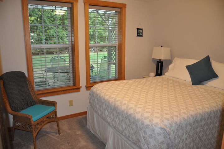 The bedroom on the main floor has a  queen sized bed.

