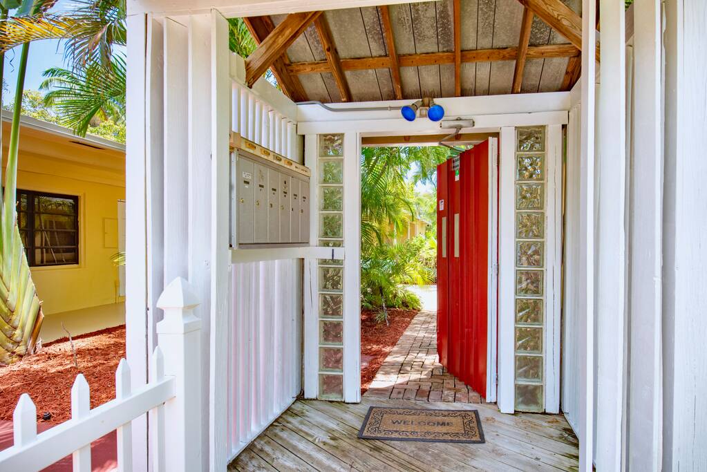 Gated entrance to the property with motion sensor lights for guests arriving after dark.