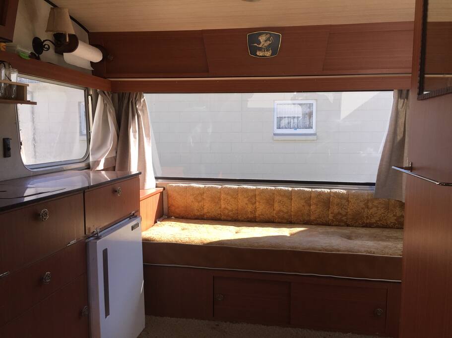 Food prep and storage area. Single bed.