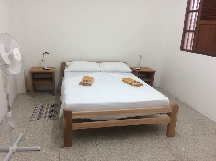 Brand new double bed feather pillows 100% cotton sheets, fan, bin, mats, bedside lights.