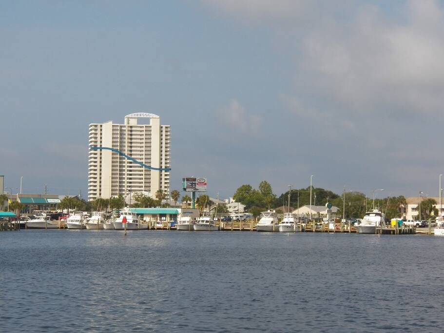 view of resort from the nearby marina, en route to fishing trip.