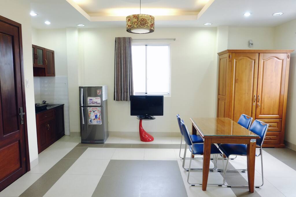 The living room and kitchen on the left