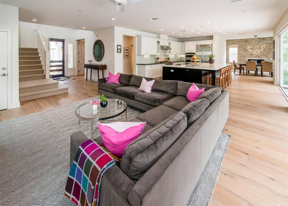 Great room, kitchen and dining