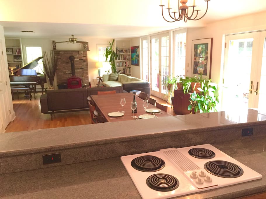 From the kitchen to the fireplace is approx 30' of open living space with amazing natural light. When cooking the chef can still be a part of the action and entertain guests.