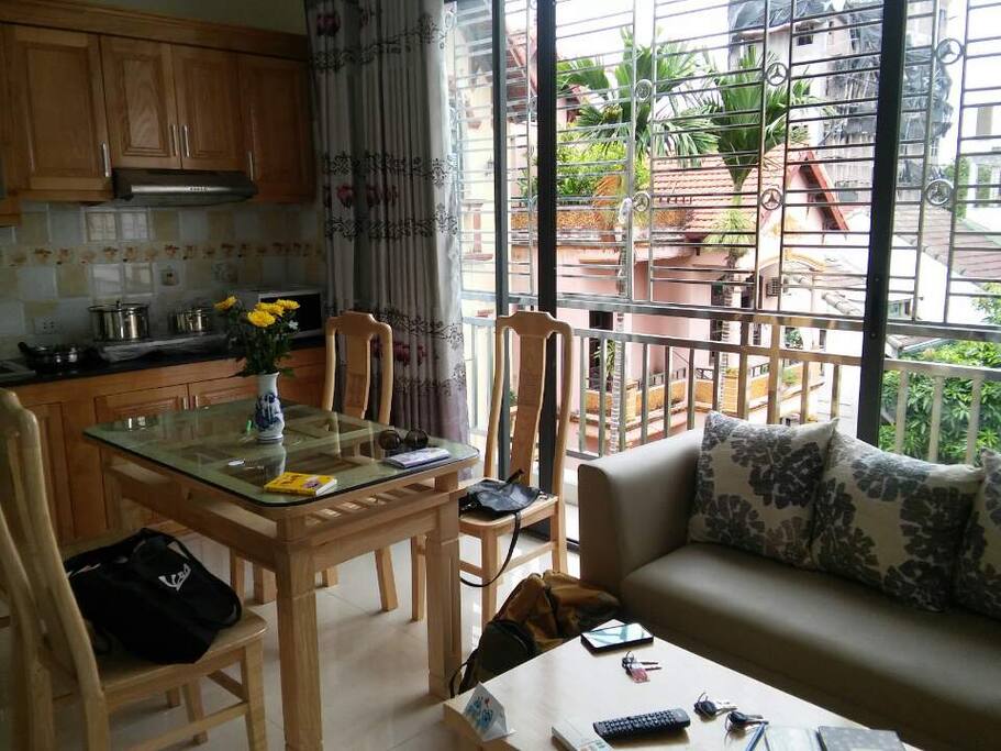 Lovely living room with comfortable couch and balcony for smoke break!