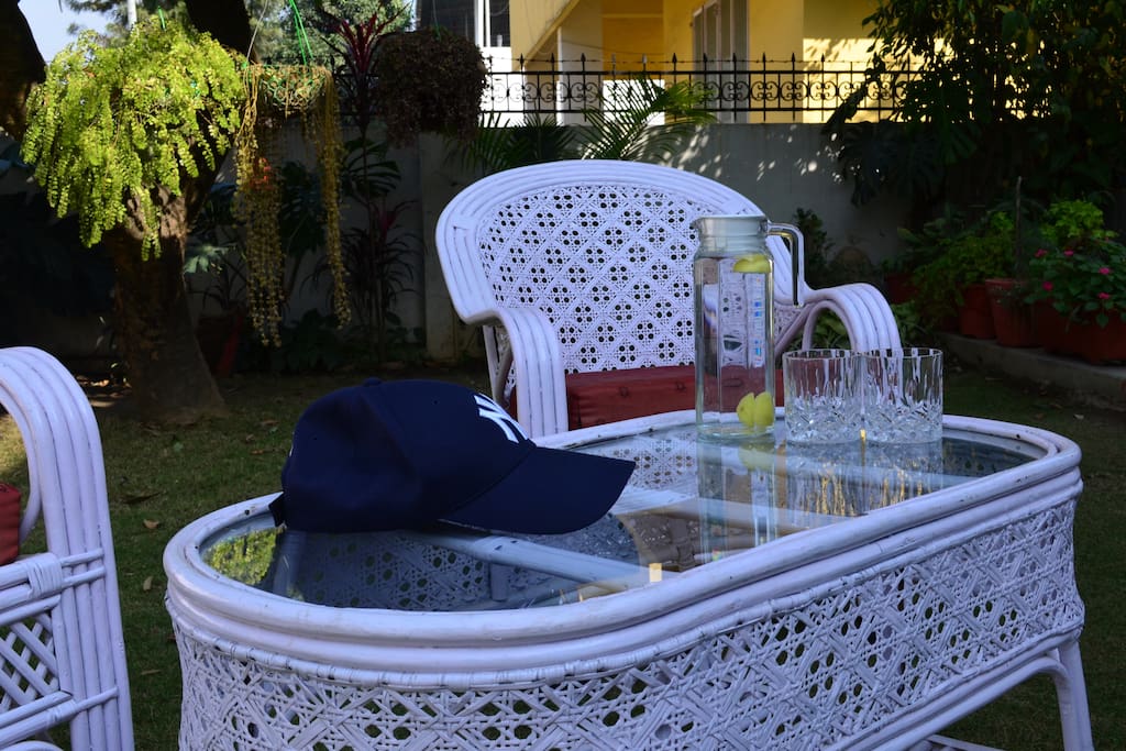 Bamboo chairs and table which can be used by the guests during their stay at The Sirmour Villa