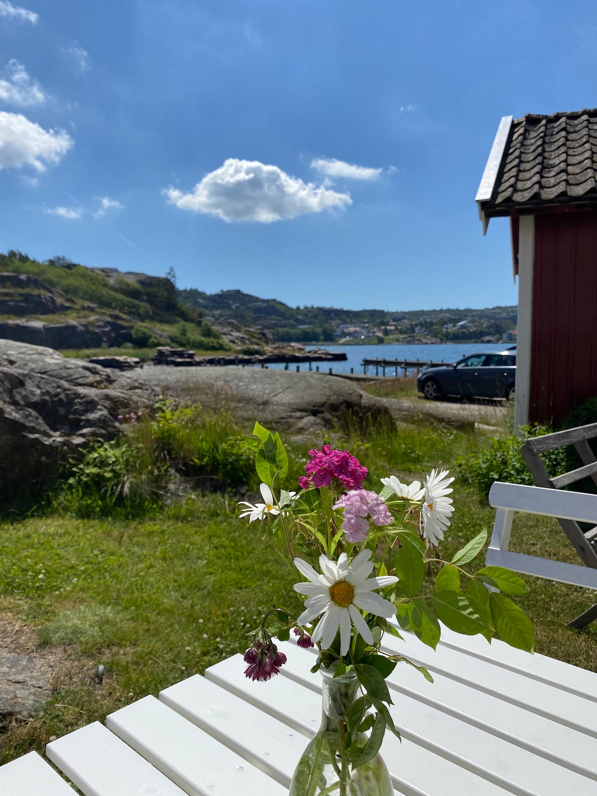 A table features a vase filled with a variety of wildflowers, including daisies and pink blooms. The background shows a serene waterfront view, with rocky terrain leading to calm water and a distant pier under a clear blue sky.